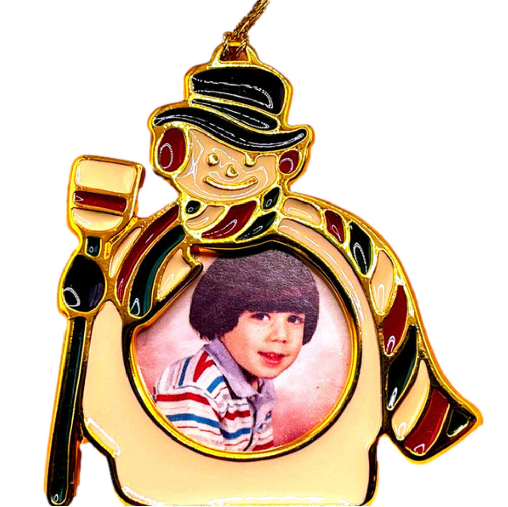 𝅺WALLACE Silversmiths Snowman Picture Frame Ornament Goldplate Enamel Deadstock